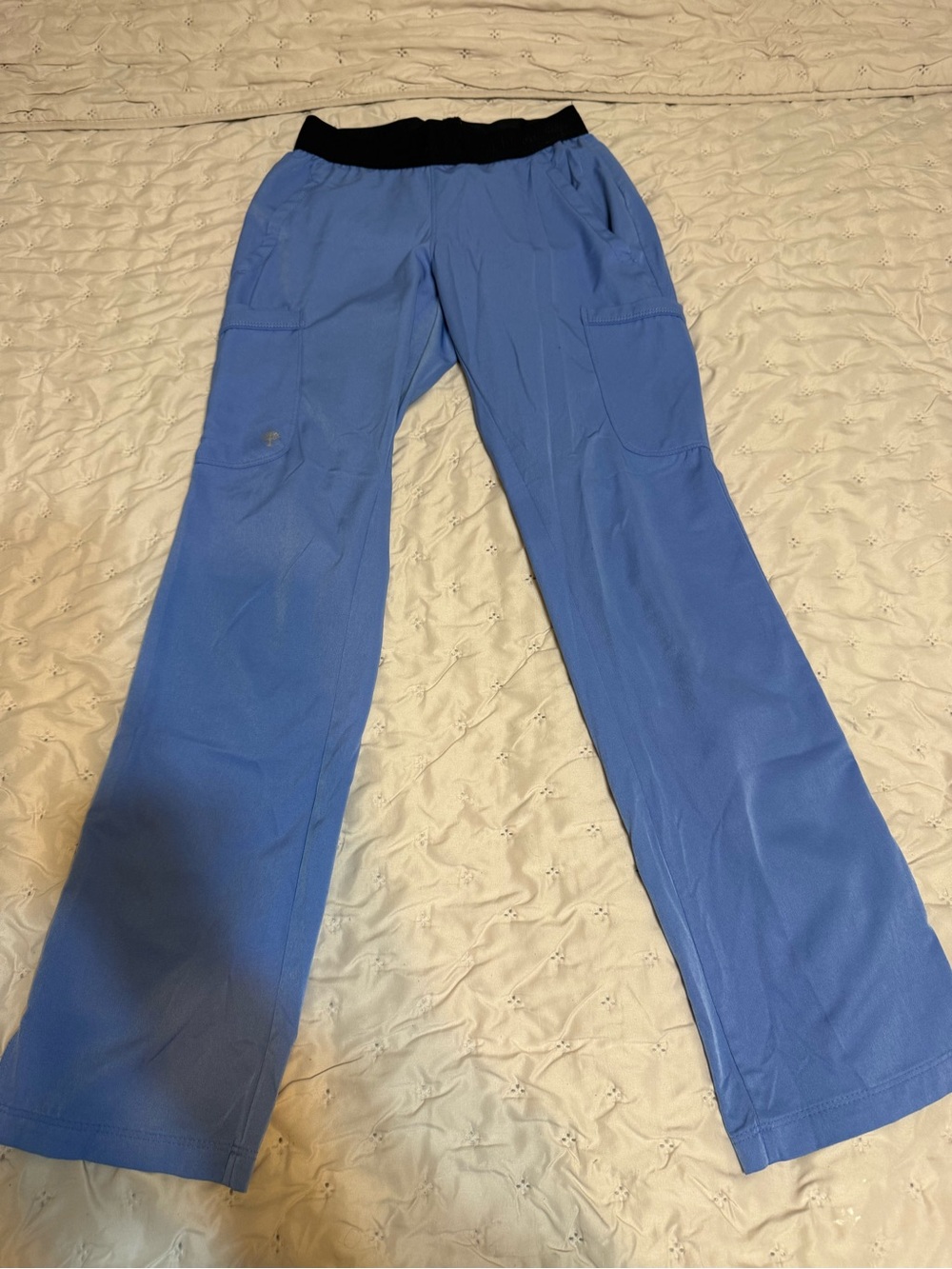 Healing Hands Ceil Blue Flare Yoga Scrub Pants with Black Elastic Waistband